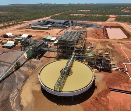Thunderbird Mineral Sands Aerial View Of Plant Construction With Crane Slabs And Trucks on Thunderbird Mineral Sands Project