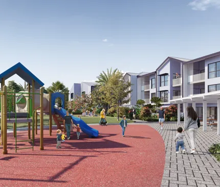 Render of Cairns Seniors Community Housing Project featuring a children's playground with red rubber flooring, tropical plants, and two-story light blue and white accommodation.